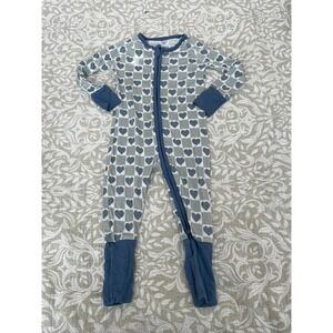 Poppy Kids Co Pajamas Footies Blue Heart Print 6-12 Months Bamboo 2 Way Zipper